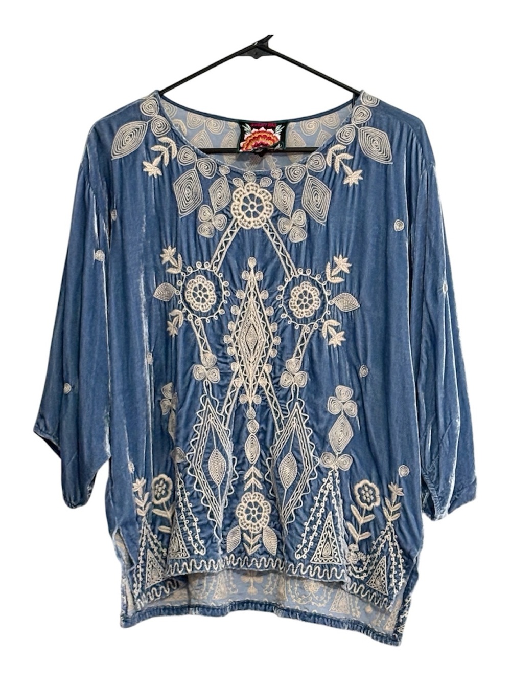 Johnny Was Women’s S Blue Velvet Round Neck 3/4 Sleeve Embroidered Blouse S